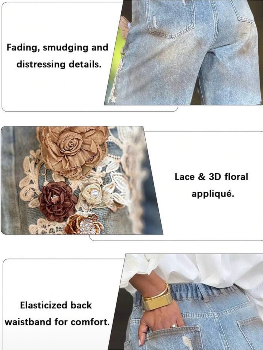 Embellished Floral Appliqué Denim Shorts - Blue - Picture 4 of 6